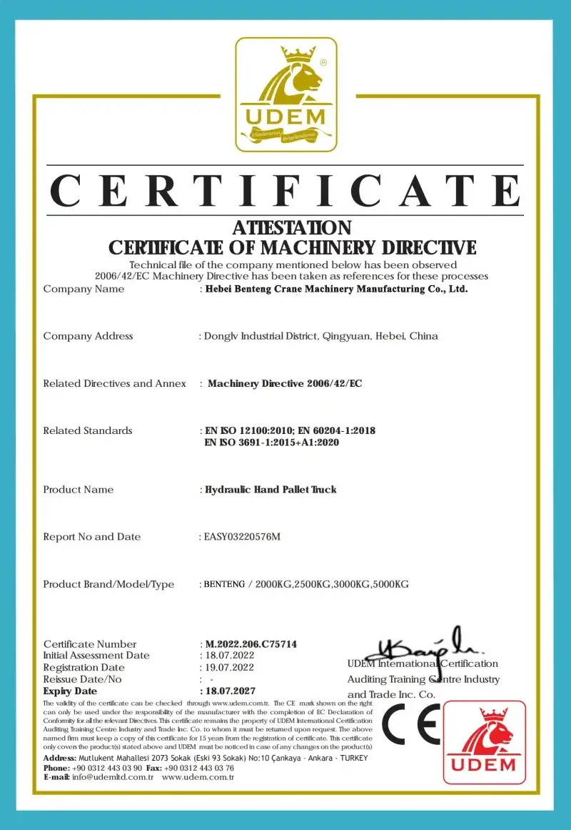 UDEM Attestation of Conformity for Hydraulic Hand Pallet Truck under Machinery Directive 2006/42/EC for Hebei Benteng Crane Machinery