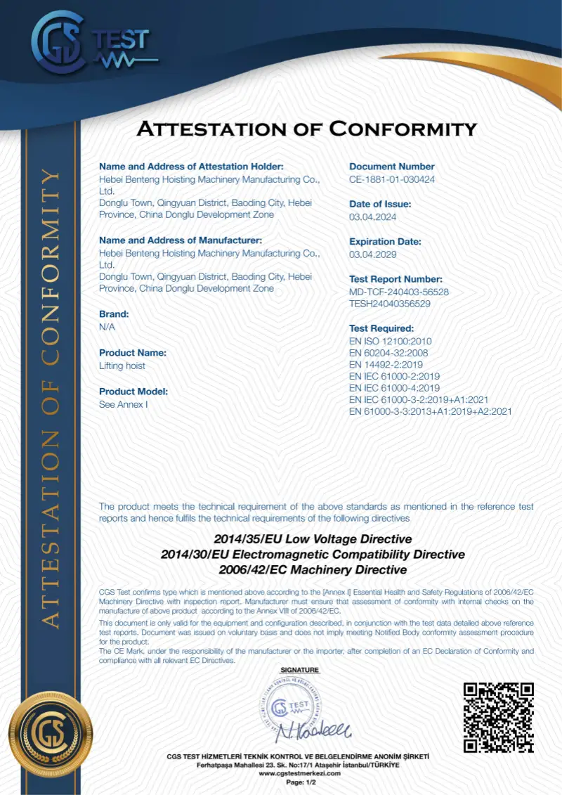 Attestation of Conformity for Lifting Hoist issued by CGS TEST conforming to EU Machinery Directive