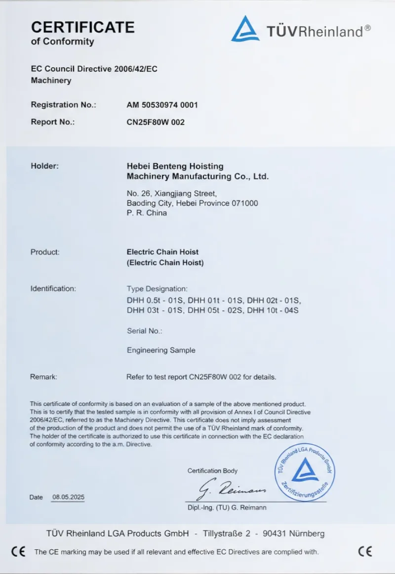 TÜV Rheinland Certificate of Conformity for Electric Chain Hoist model DHH issued to Hebei Benteng Hoisting Machinery