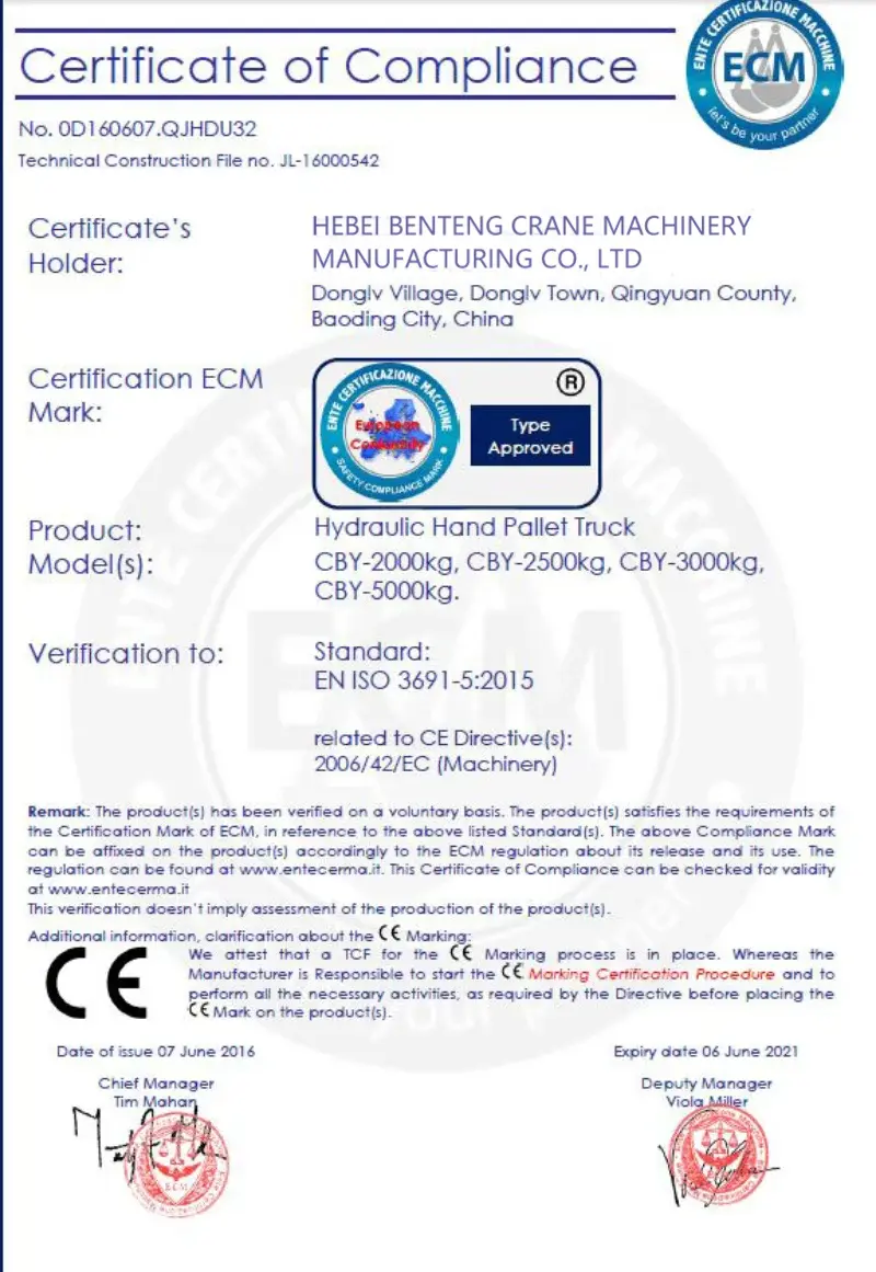 ECM Certificate of Compliance for Hydraulic Hand Pallet Truck model CBY for Hebei Benteng Crane Machinery