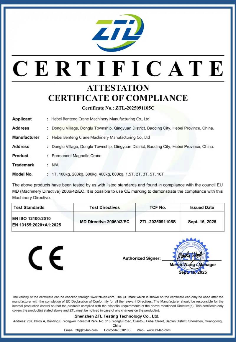 Attestation of Conformity for Lifting Hoist issued by CGS TEST
